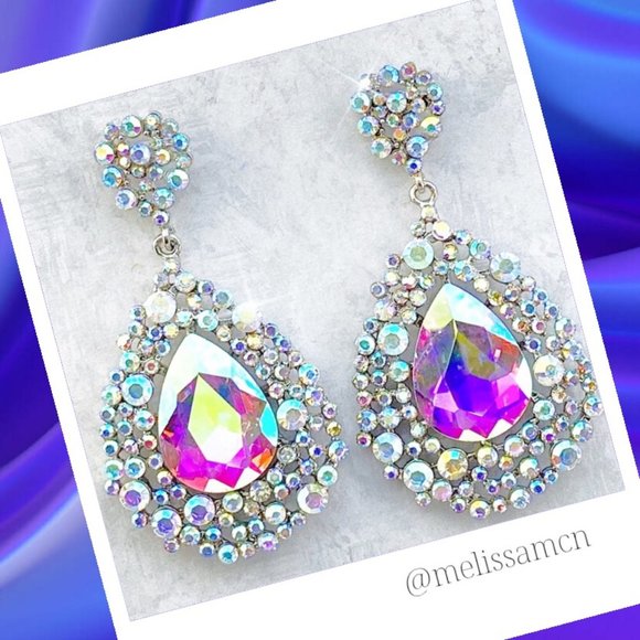 AB Crystal Sparkly Drop Chandelier Formal Earrings Pageant Bridal Occasi… - Picture 5 of 7
